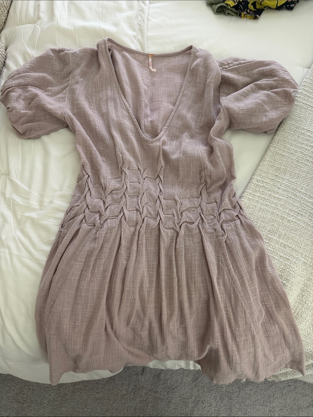 Free People Dusty Mauve V-Neck Smocked Waist Balloon Sleeve Dress